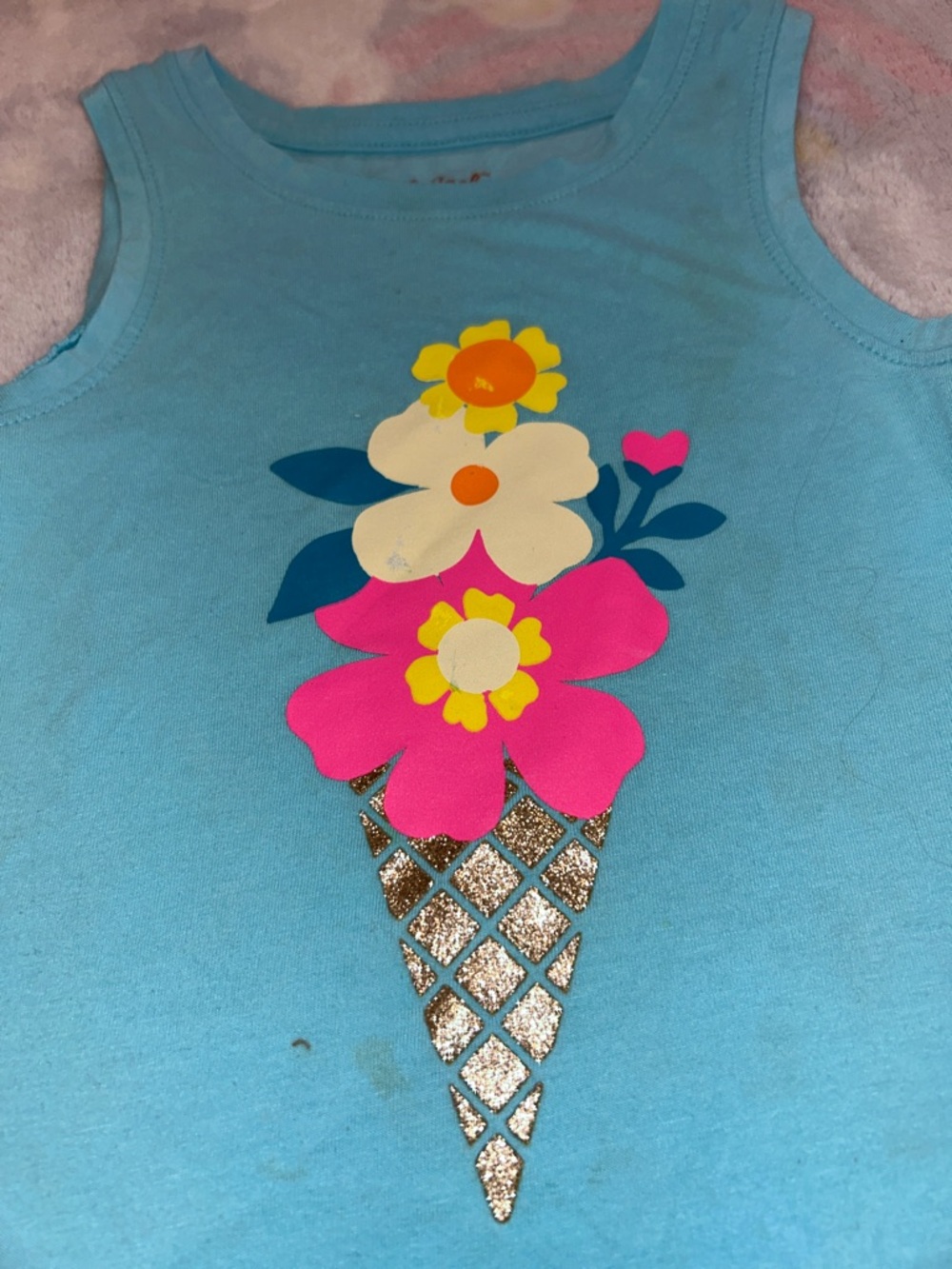 Cat & Jack Blue Tank Top with Pink & Yellow Floral Ice Cream Graphic